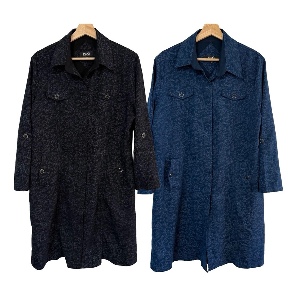 D&G Dolce & Gabbana Vintage Jacquard Shirt Coat Dress Bundle Blue Gray IT 46